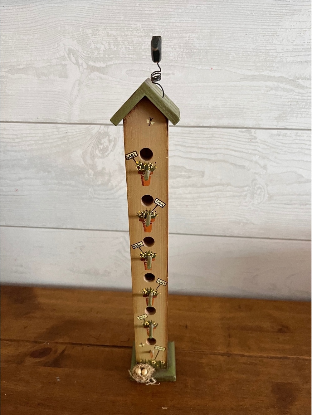 Primitive Style Tall Wood Birdhouse Herb Theme Sage Thyme Basil Mint Dill